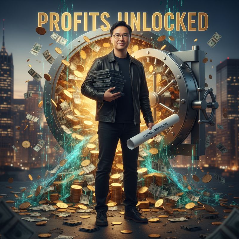 Nvidia CEO가 칩과 AI 도면을 들고 돈이 쏟아지는 금고 앞에 서 있는 모습