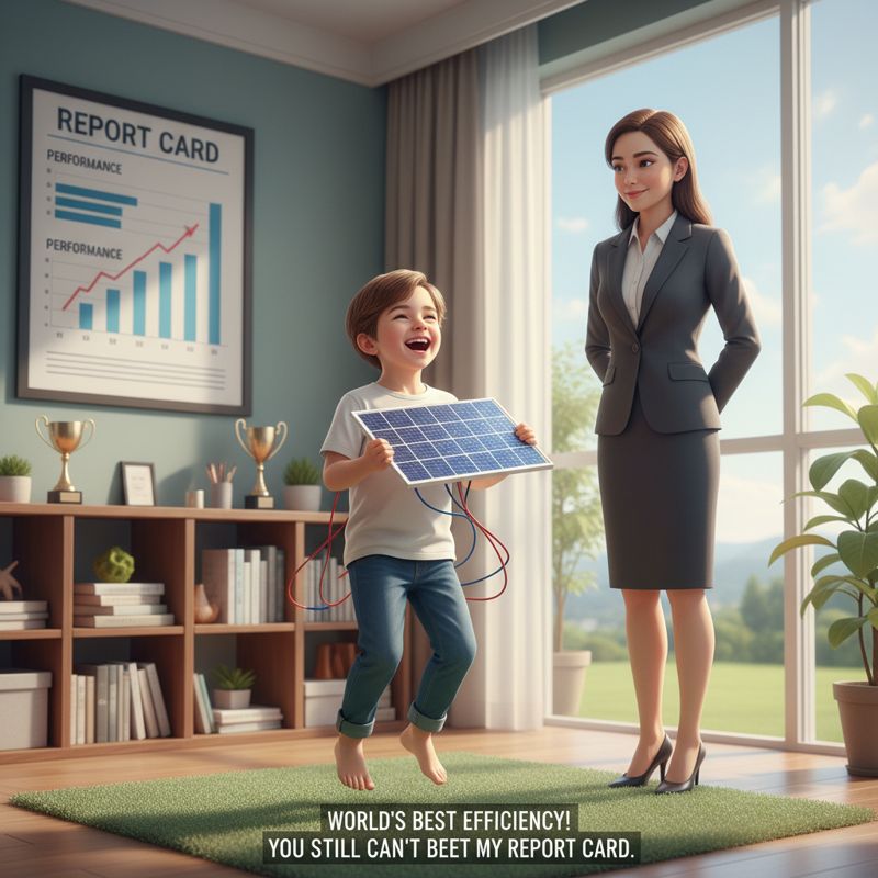 한국 스타트업이 만든 태양전지가 뛰어난 효율을 자랑하지만, 대기업이 여전히 무심하게 지켜보는 모습의 밈