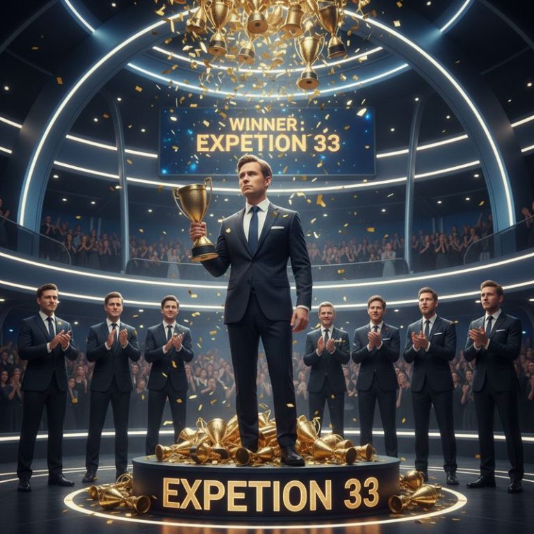 엑스페디션33 캐릭터가 트로피 숲에서 미동없이 서 있고, 다른 후보 게임 캐릭터들이 망연자실한 표정으로 박수치는 모습