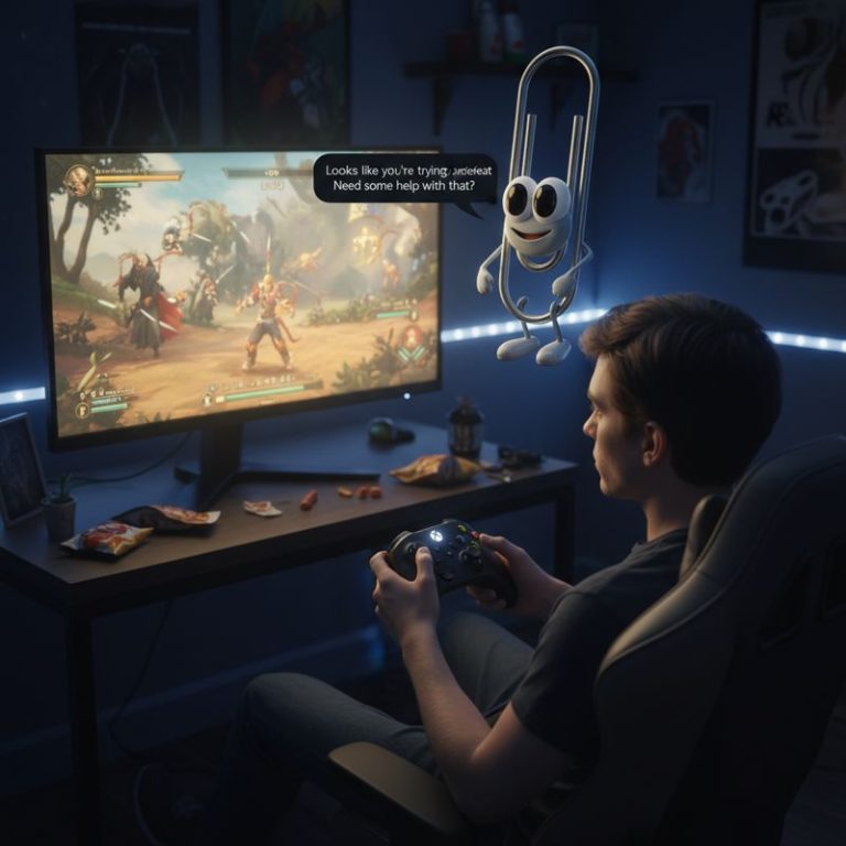 Xbox를 하는 사람 곁에 나타난 Clippy가 게임 공략을 제안하는 모습