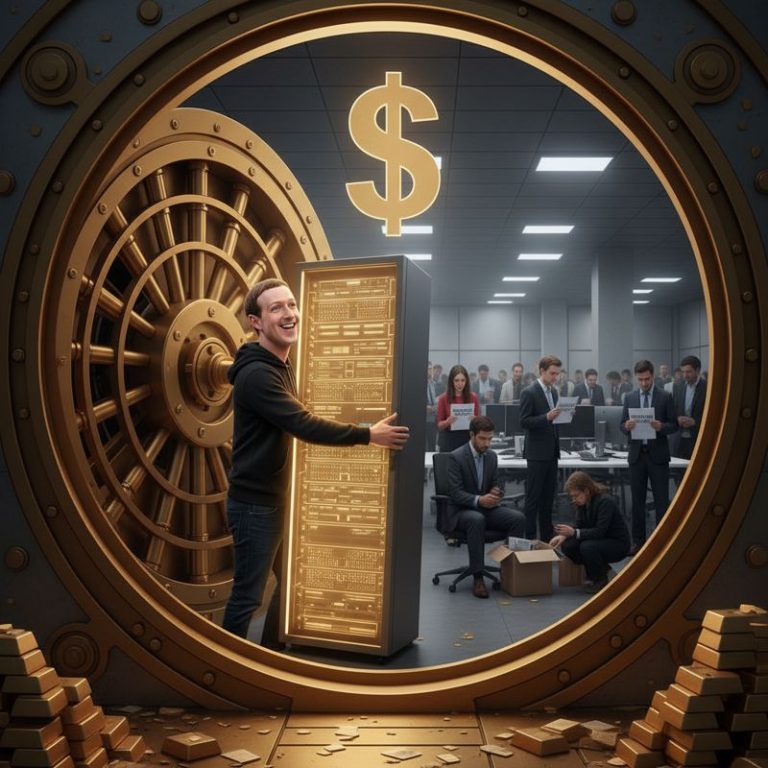 저커버그가 서버를 포옹하고 뒤에서 직원들이 상자를 들고 떠나는 모습