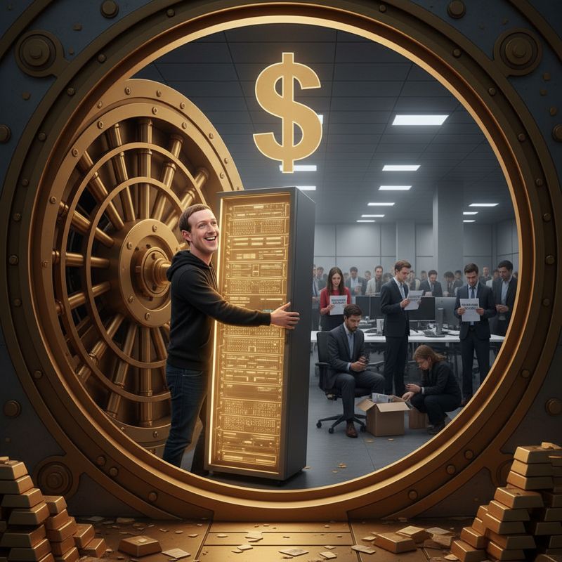 저커버그가 서버를 포옹하고 뒤에서 직원들이 상자를 들고 떠나는 모습