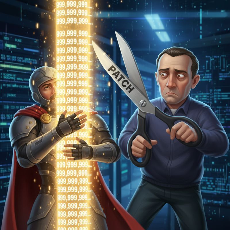 끝없이 늘어난 HP 숫자를 가진 캐릭터와 이를 자르려는 개발자