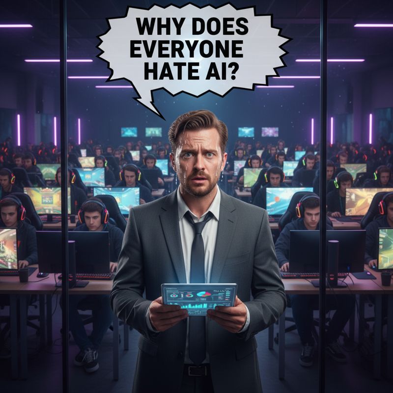 땀 흘리는 투자자와 공격적으로 보이는 게이머 무리