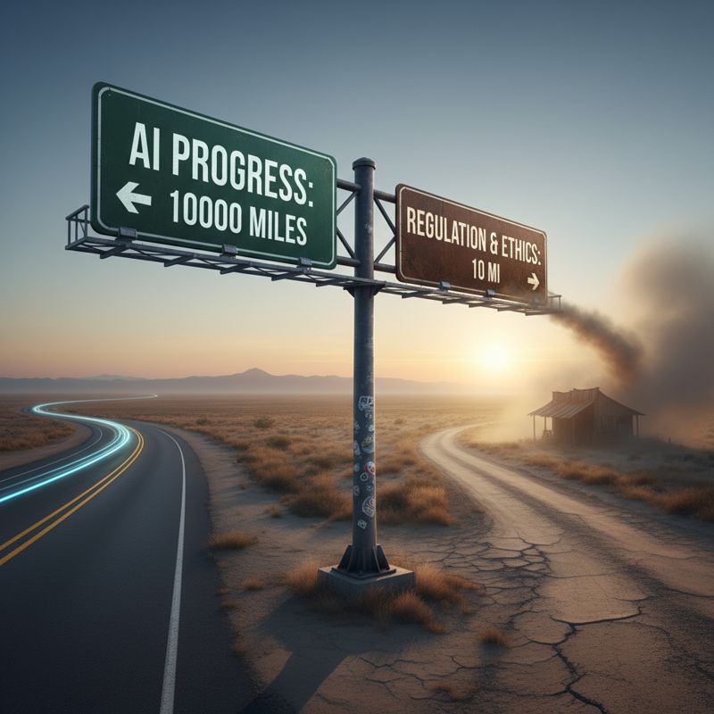 AI 폭주를 상징하는 먼 미래표지판과 낡은 윤리 규제 표지판