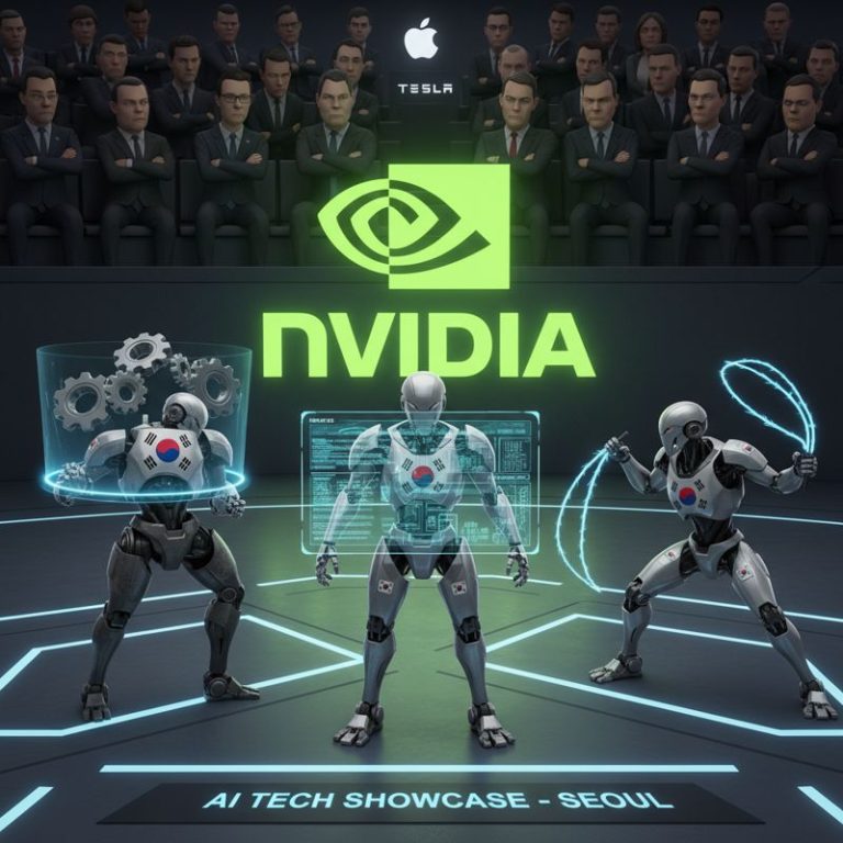 한국 AI 로봇 셋이 엔비디아 무대에서 경쟁적으로 기술을 자랑하며, 글로벌 기업들이 냉소적으로 바라보는 모습