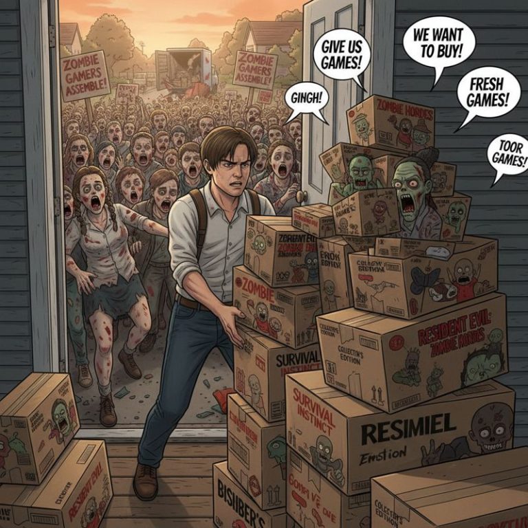 레온이 팔 가득히 게임 패키지를 들고 있고, 배경엔 수많은 팬 좀비가 게임을 사려고 몰려드는 모습.