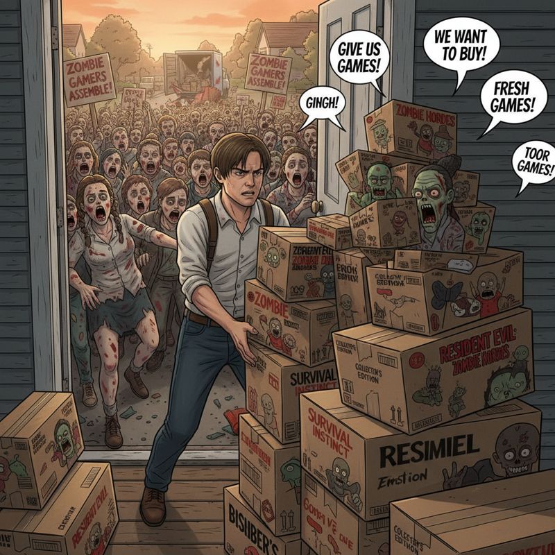 레온이 팔 가득히 게임 패키지를 들고 있고, 배경엔 수많은 팬 좀비가 게임을 사려고 몰려드는 모습.