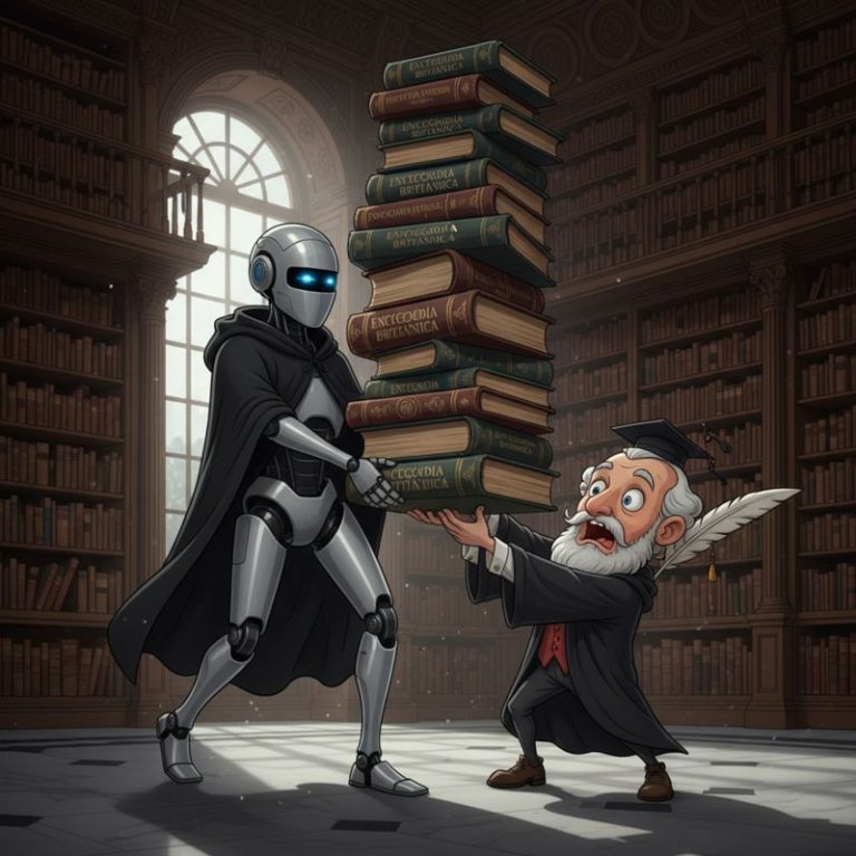 AI 로봇이 백과사전 책을 훔치려 하는 장면