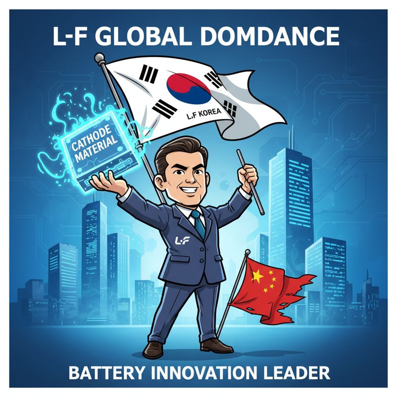 배터리 소재를 들고 태극기를 흔드는 캐릭터가 뒤에 중국 국기를 작게 배경에 두고 자신만만하게 서 있는 모습