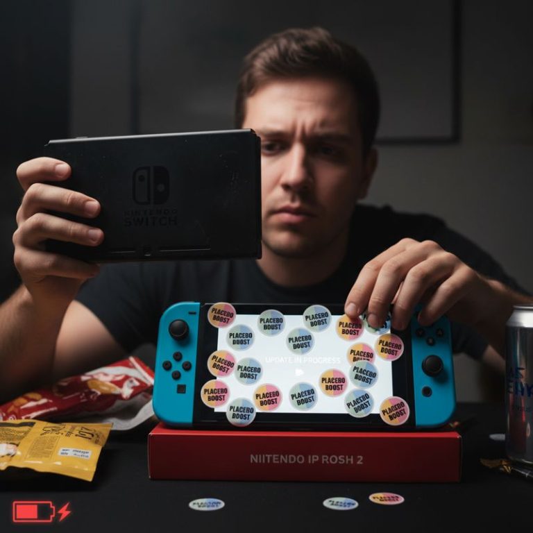 스위치 1 게임을 위해 스위치 2를 들고 보이는 한숨 쉬는 유저, 배터리 부족 경고와 함께 '부스트' 약을 붙이는 모습.