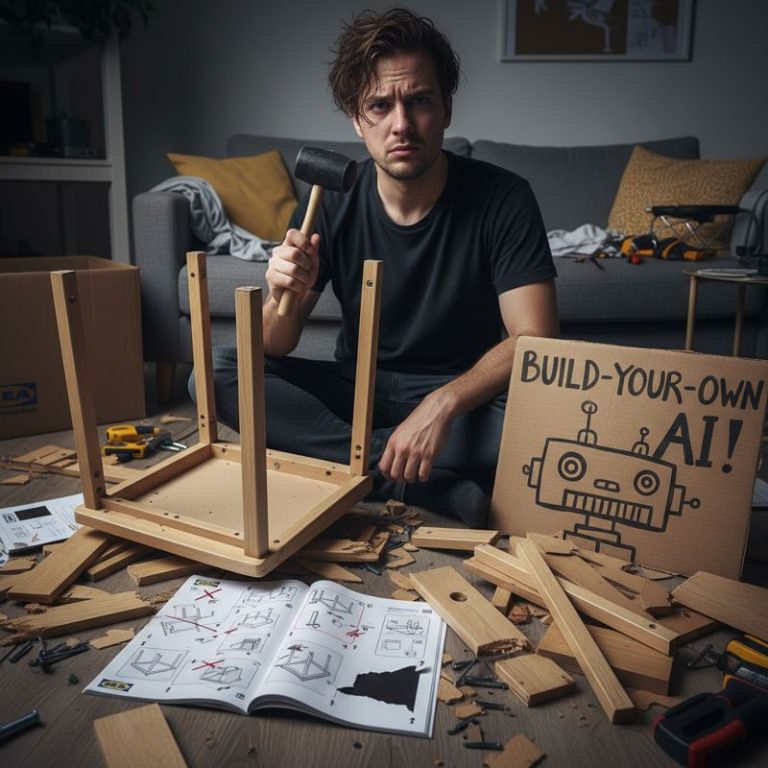 IKEA 가구 조립설명서에 지친 사람이 '내 AI 직접 만들기'라는 표지판 옆에 서 있다.