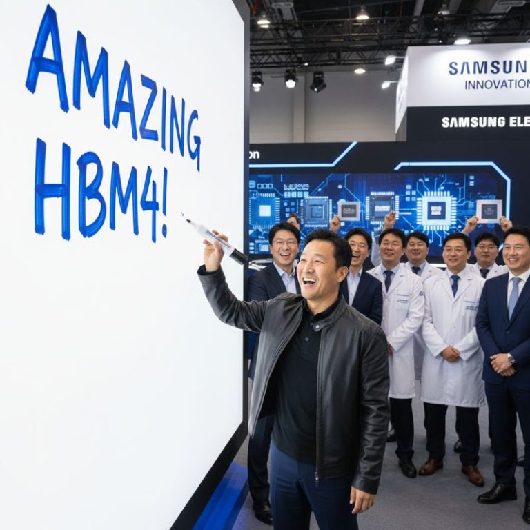 젠슨 황이 삼성전자 웨이퍼에 사인을 남기고, 삼성 임원들과 기념촬영하는 모습의 패러디 밈