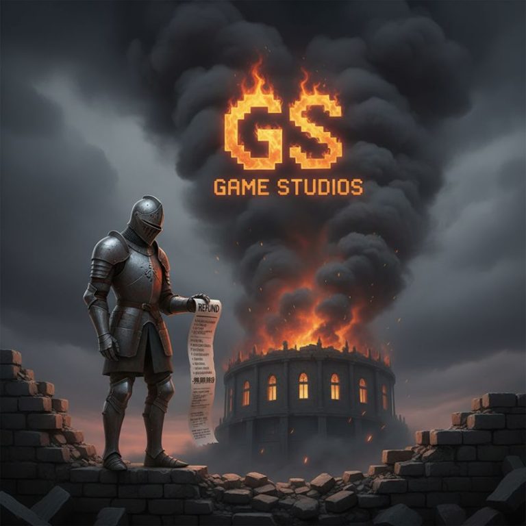 기사 캐릭터가 무너진 성벽 앞에서 환불 영수증을 들고 있고, 배경엔 Wildlight Entertainment 로고가 불타고 있다.