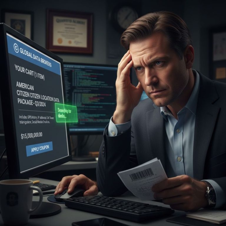 장바구니에 'US location data'가 담긴 FBI 요원의 코믹한 모습