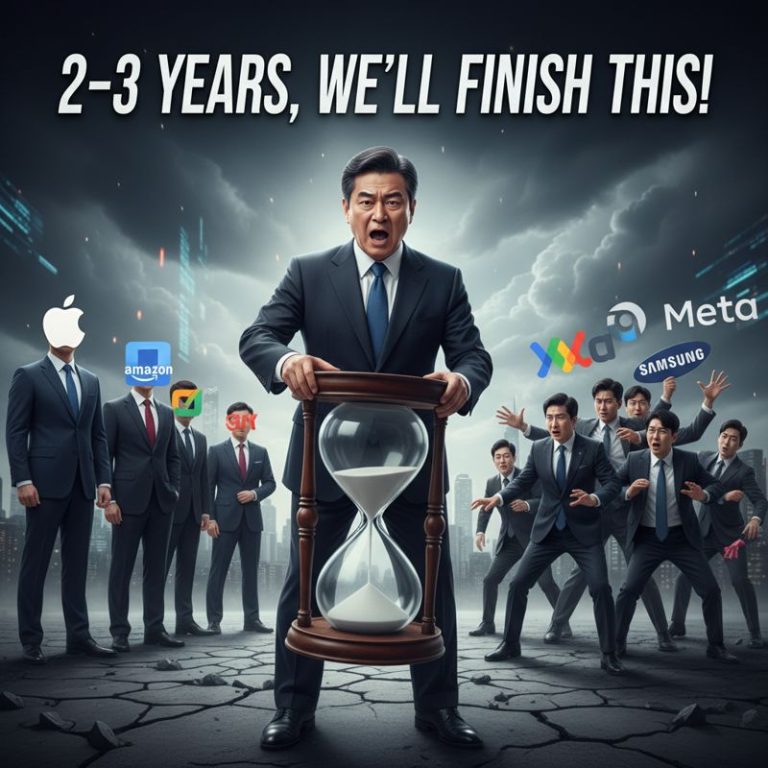 모래시계를 뒤집으며 결연한 표정 짓는 정부 관료와 당황하는 국내 대기업들