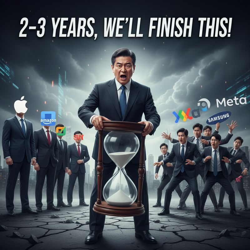 모래시계를 뒤집으며 결연한 표정 짓는 정부 관료와 당황하는 국내 대기업들