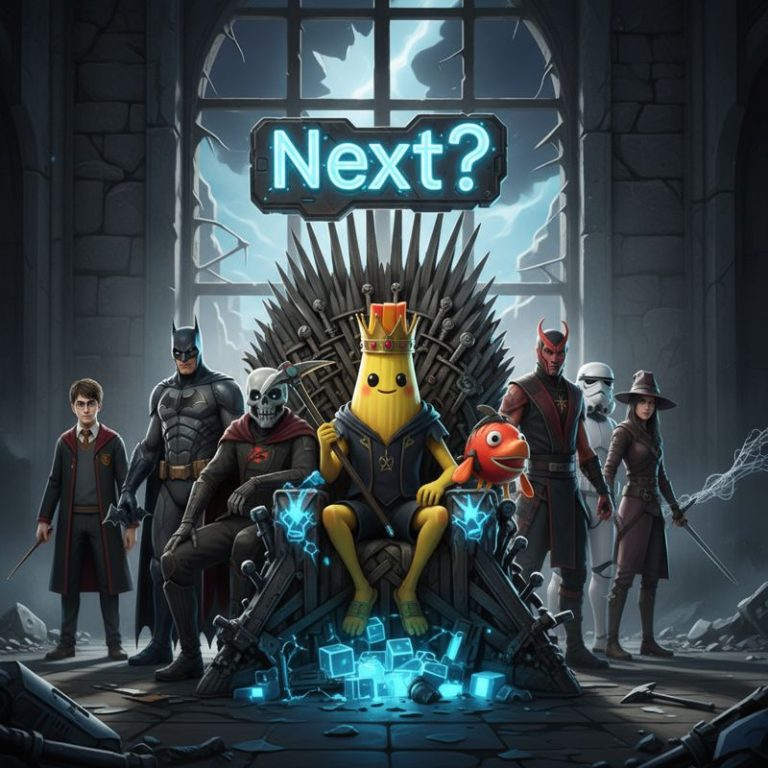 포트나이트 캐릭터가 왕좌에 앉아 있고, 다양한 컬래버 캐릭터들이 차례를 기다리는 장면