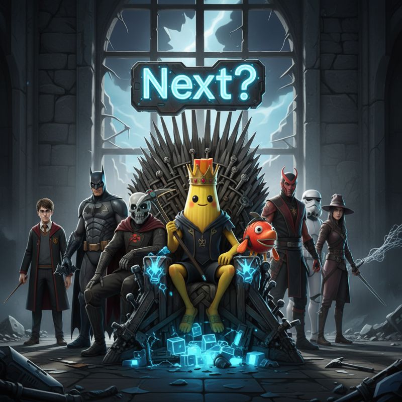 포트나이트 캐릭터가 왕좌에 앉아 있고, 다양한 컬래버 캐릭터들이 차례를 기다리는 장면