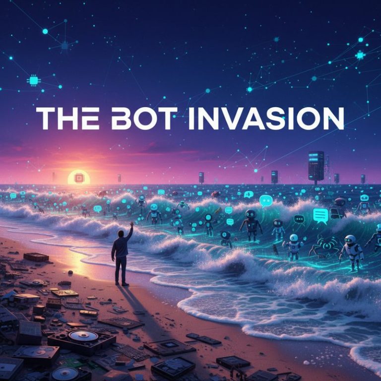 한 명의 인간이 모래사장에서 수많은 AI 봇 파도를 바라보고 있는 모습