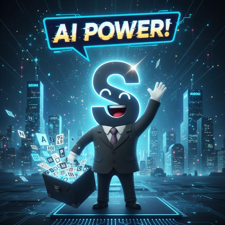 산돌 로고 캐릭터가 서류가방을 들고 AI 힘을 자랑하는 모습