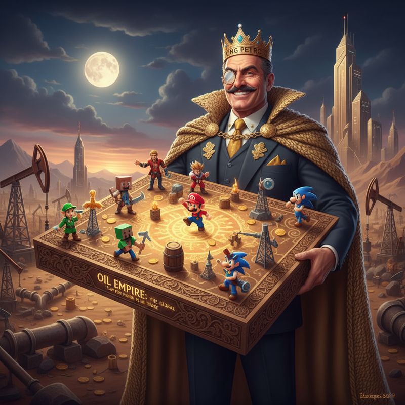 석유 왕이 게임 보드에서 게임 캐릭터들을 옮기고 있다