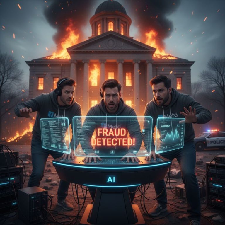 법정의 불길 속에서 AI 콘솔을 조작하는 메타 직원, 모니터에 '사기 감지 완료!' 문구