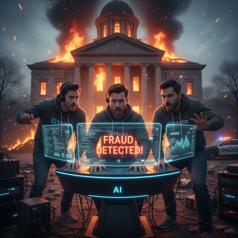 법정의 불길 속에서 AI 콘솔을 조작하는 메타 직원, 모니터에 '사기 감지 완료!' 문구