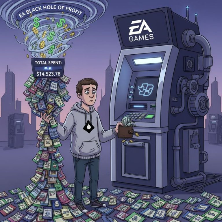 심즈4 유저가 EA를 향해 지갑을 들고 우울하게 바라보는 만화 스타일 이미지