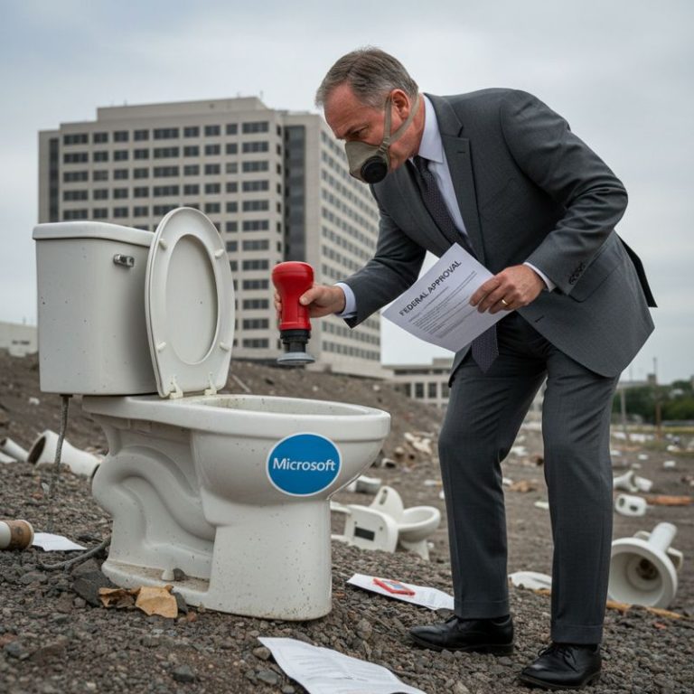 변기에 Microsoft 로고. 연방 공무원이 인상을 찌푸리며 도장을 찍는 모습.