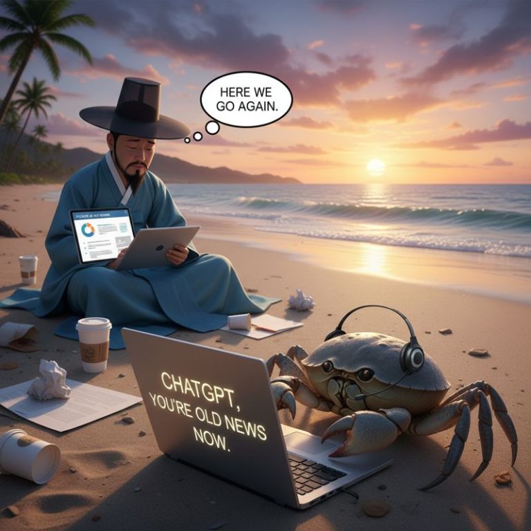 가재가 노트북을 쓰며 활기찬데, 옆에 한국 캐릭터는 PPT 앞에서 심드렁한 표정