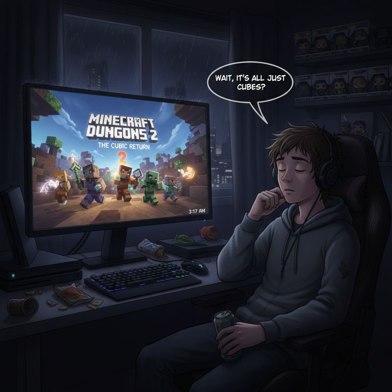 자정에 몽롱한 표정으로 마인크래프트 던전스 2 발표 영상을 보는 게이머