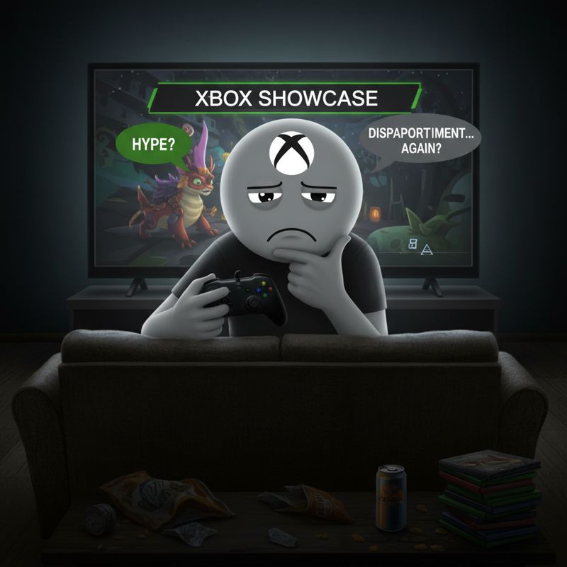 무표정한 캐릭터가 Xbox 쇼케이스를 지켜보는 모습