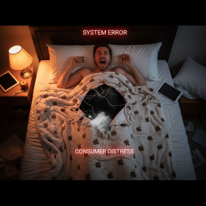 애플 로고 이불에 구멍이 뚫려 당황하는 사람