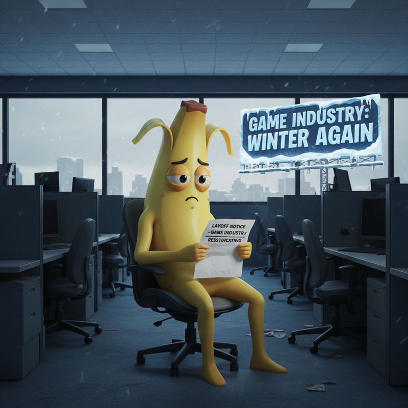 슬픈 표정의 Peely가 해고통지서를 들고 어두운 사무실에 앉아있는 모습