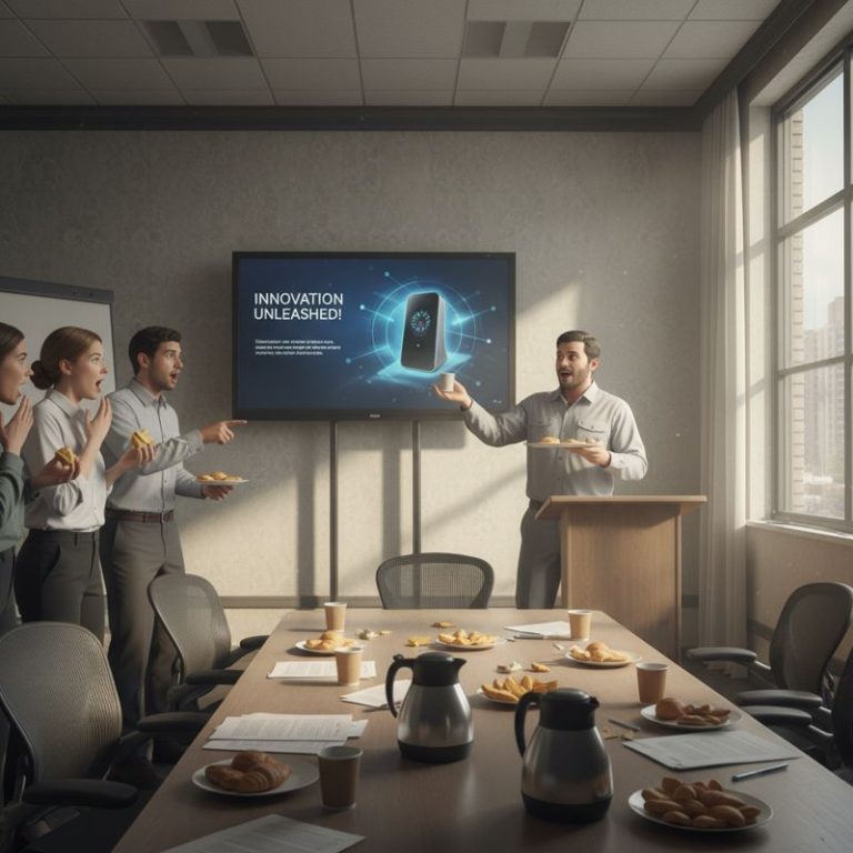 자신감 넘치게 무대에서 직접 만든 칩을 들어 보이는 Arm 직원과 충격받은 동료들