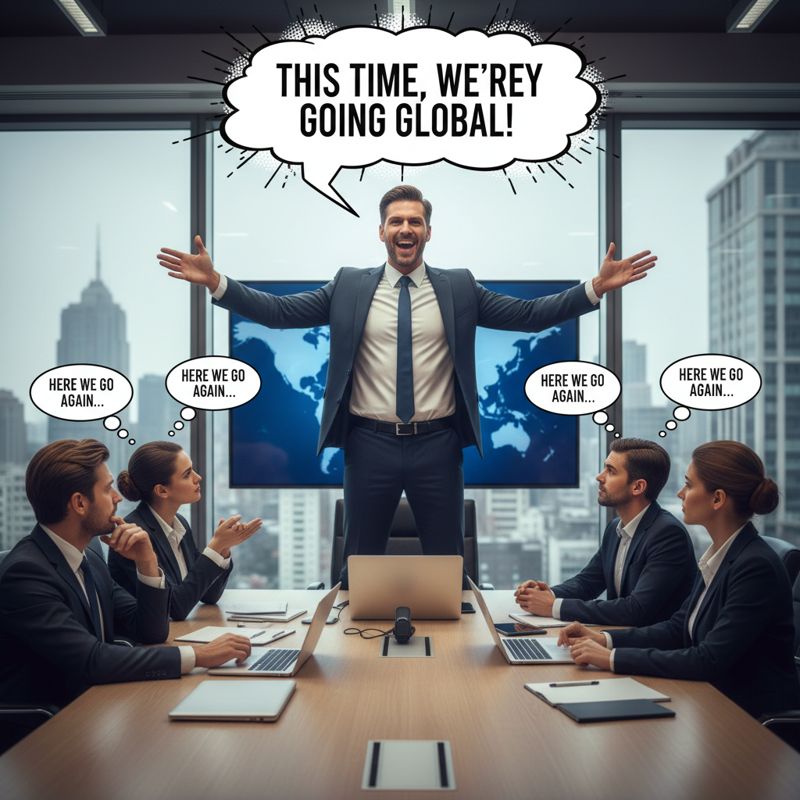 대표가 바뀌며 글로벌 전략을 외치자 어색하게 미소 짓는 임직원들