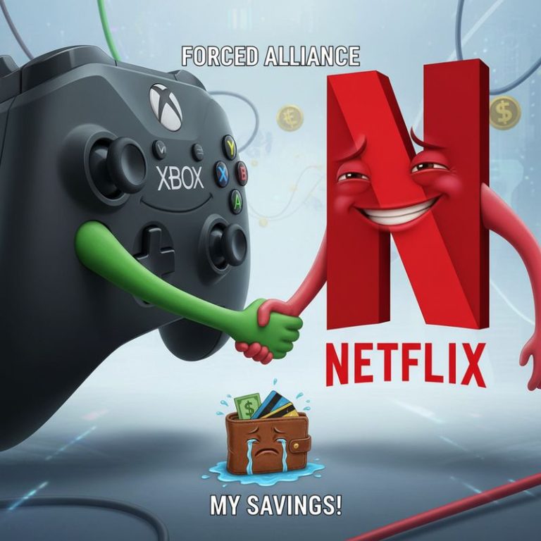 Xbox와 넷플릭스가 손을 잡고 웃으며 지갑을 짓누르는 장면