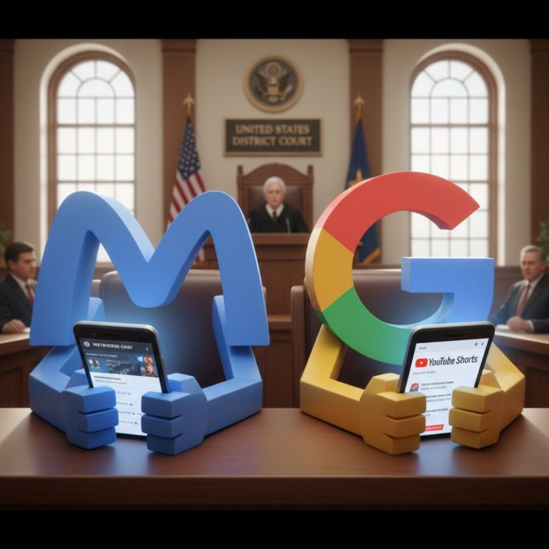 법정 안에서 Meta와 Google 로고 캐릭터가 휴대폰에 열중하고 있는 모습