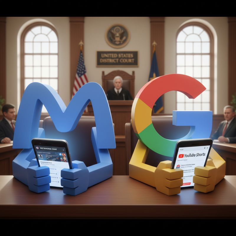 법정 안에서 Meta와 Google 로고 캐릭터가 휴대폰에 열중하고 있는 모습