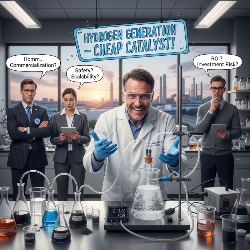 과학자가 수소생산 촉매를 들고 기뻐하는 모습. 주변에서 대기업, 관료, VC가 의심스럽게 바라봄.