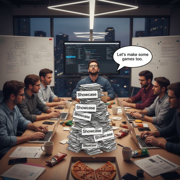 개발자들이 모여 또 다른 게임 쇼케이스를 준비하며 지친 표정을 짓고 있다.