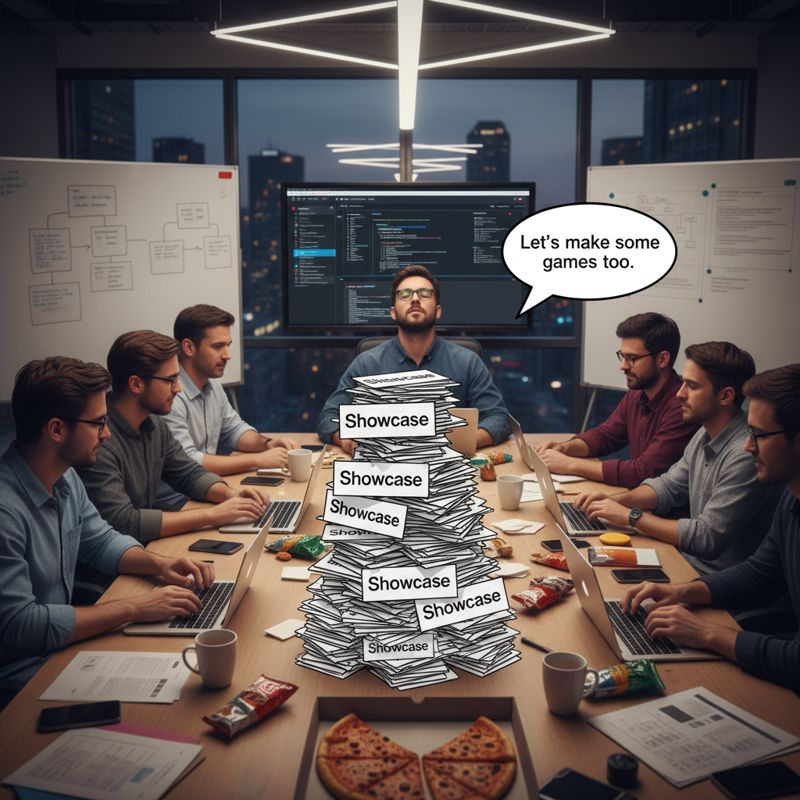 개발자들이 모여 또 다른 게임 쇼케이스를 준비하며 지친 표정을 짓고 있다.