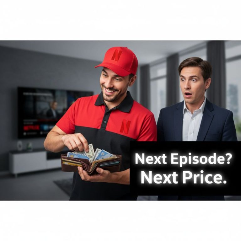 넷플릭스 로고를 단 배달원이 고객의 지갑을 열고 있는 장면