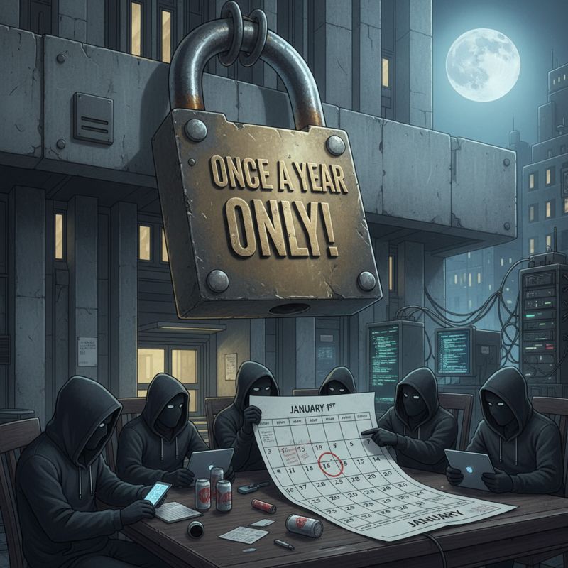 공공기관 건물에 '1년에 한 번만!' 자물쇠, 해커들이 달력을 넘기며 노려보는 장면