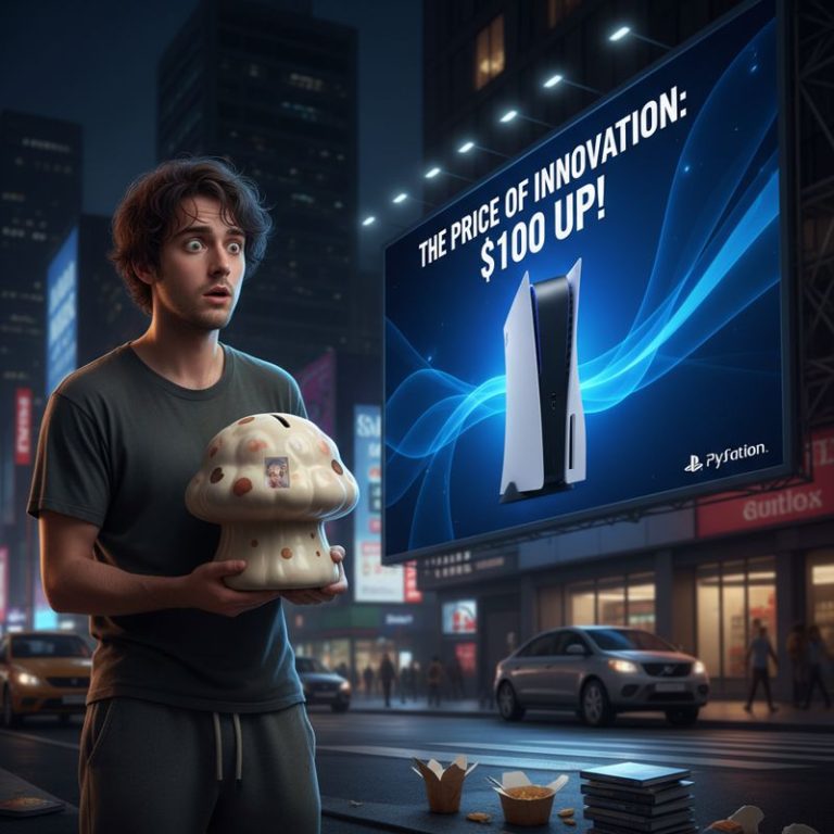 아쉬운 표정의 게이머가 저금통을 들고 비싼 PS5 광고를 바라보는 모습