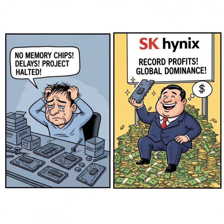 개발자는 메모리 부족으로 곤란해하고, SK하이닉스 CEO는 미국 IPO 자금으로 행복해하는 모습