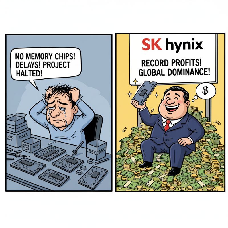 개발자는 메모리 부족으로 곤란해하고, SK하이닉스 CEO는 미국 IPO 자금으로 행복해하는 모습
