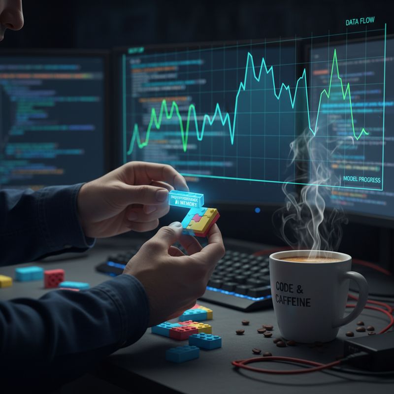 AI 기술자가 레고 블록을 조립하듯 고성능 메모리를 손에 들고 있고, 뒤에는 롤러코스터처럼 오르내리는 그래프가 있다.