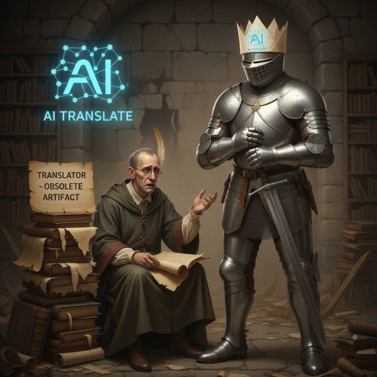 AI 왕관을 쓴 기사와 뒤에서 박탈감을 느끼는 번역가